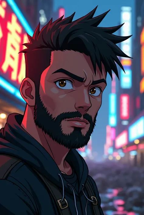 Close up, an anime boy with a beard and brown eyes fade cut with neon lights in a city full of chaos and destruction