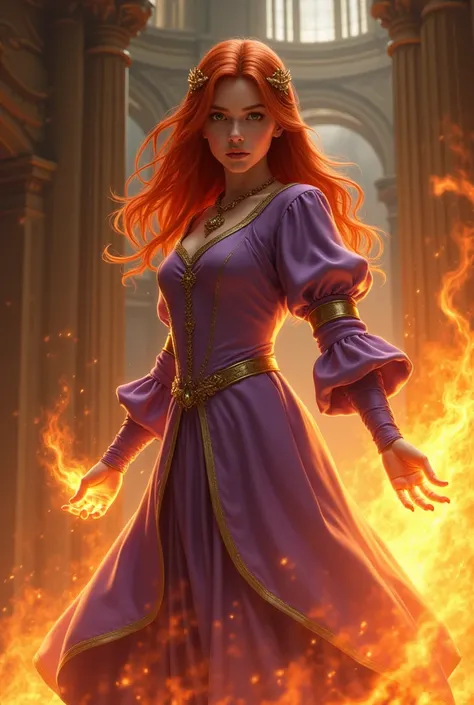 An 18-year-old medieval princess, olive green eyes, Red haired hair wearing a long-sleeved lilac dress angrily and manipulating fire