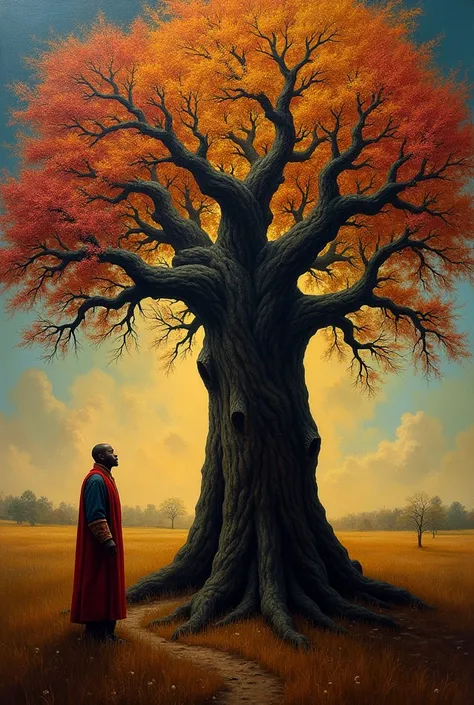  living tree stately emperor, Background with African colors , Black wood, oil painting, dramatic angle, (((being threatened by white men in the 1800s)))
