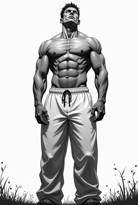 Man standing looking up, hopeless, leaning a small hit to the left, crying, big white sweatpants, shirtless, ripped, black and white, anime