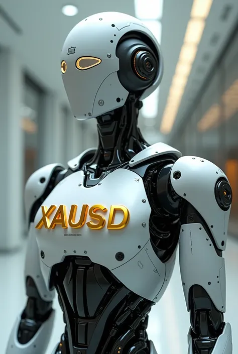 Generate an image of a gold-colored XAUUSD word attached to the chest of an artificial intelligence robot 