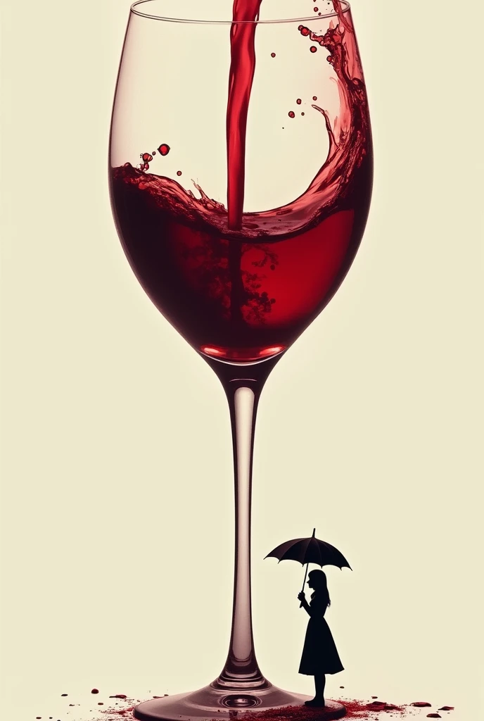 Create an image of a big glass of wine from which it pours out and under the stream of wine stood the silhouette of a girl with an umbrella