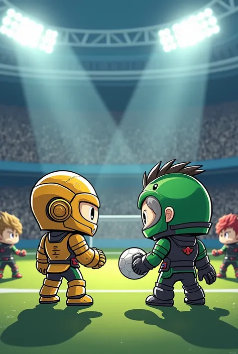 " Generate a collectible chibi style illustration with photorealistic image quality penalty shootout in pairs. Titanix ,  with his shiny gold armor and closed helmet ,  positions himself to throw a penalty while Kryon ,  with his bright emerald green armor...