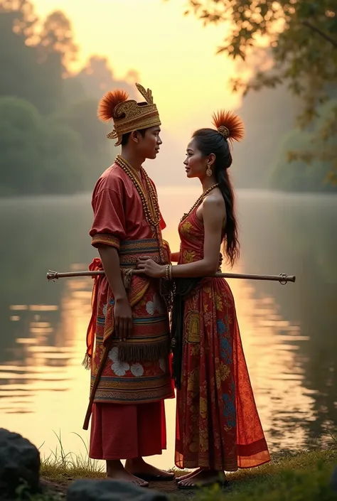 a couple in kadazan dusun traditional outfit with traditional sabah’s weapon at his hand in the river,  dawn 