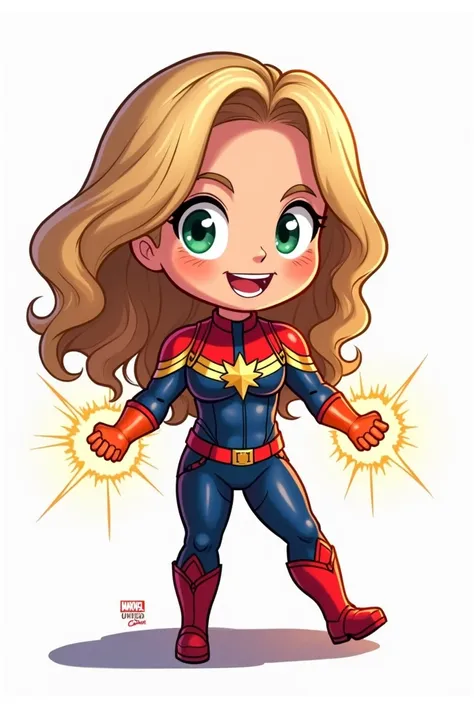 A Chibi version/cartoon/Anime and Furious , From Marvel character " Captain Marvel ". She is in a heroic and dynamic action pose where her great power is evident. white background, 8k Board Game Design. The illustration must be done in the same style as th...