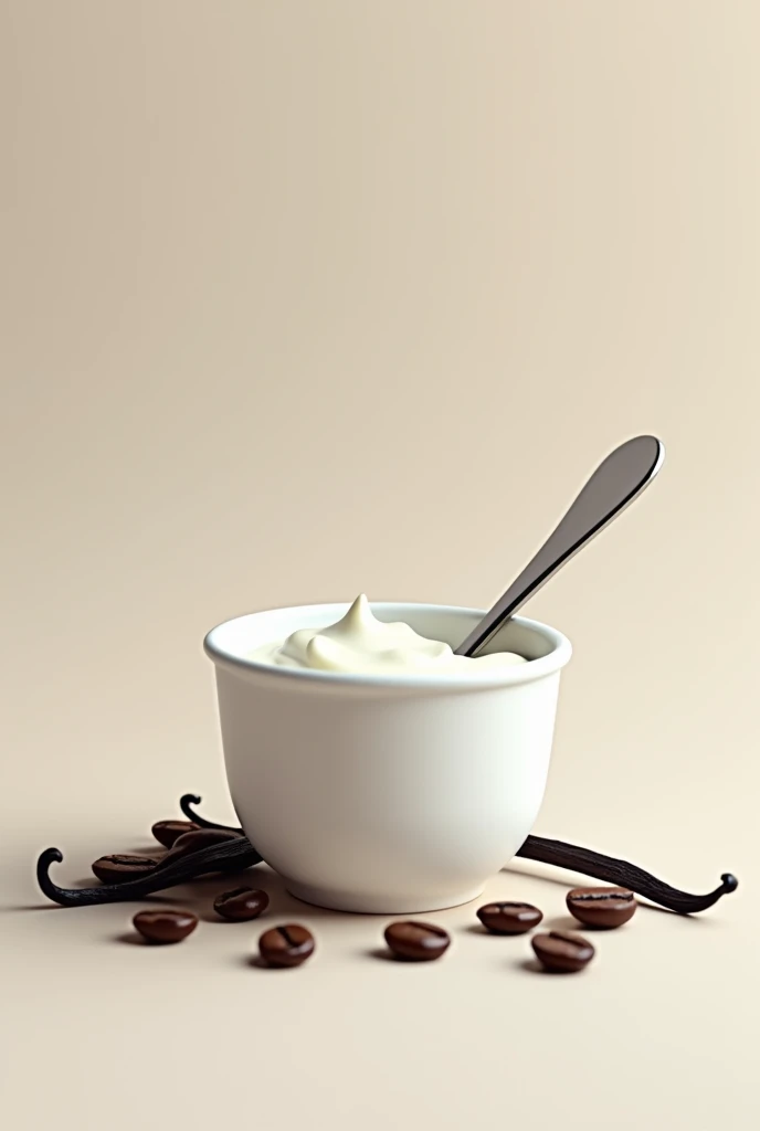 pot de yaourt avec une cuillère, des grains de café, de la vanille