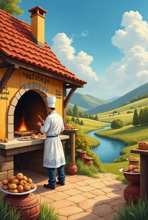 Painting of a bakery with chef  baking in landscape