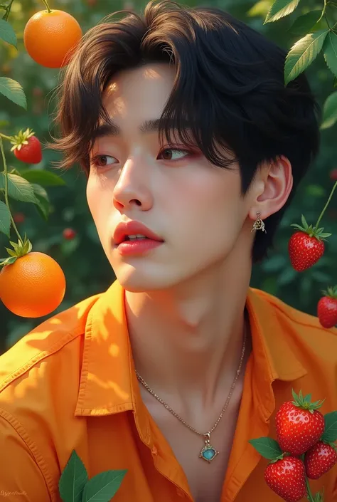 Create an image of the singer Jeong Jungkook next to a tangerine with strawberries in the background in 4k