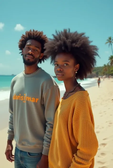 Afro haired brunette woman on the beach and a man next door wearing a sweater that says .Dorismar . 