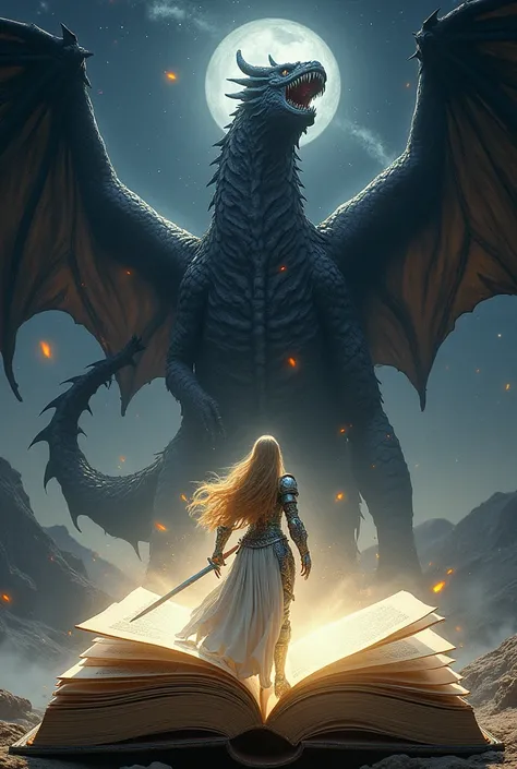 An open book and that from it , Come out , wearing silver armor and golden hair fighting a black dragon and the forces of Melkor, under the starry sky