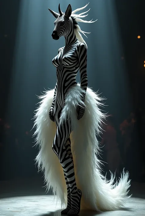 
"Design a mesmerizing hybrid creature that combines the elegance of a human female with the striking patterns of a zebra. The creature has a graceful human form, with her skin adorned in bold black and white zebra stripes, seamlessly transitioning into a ...