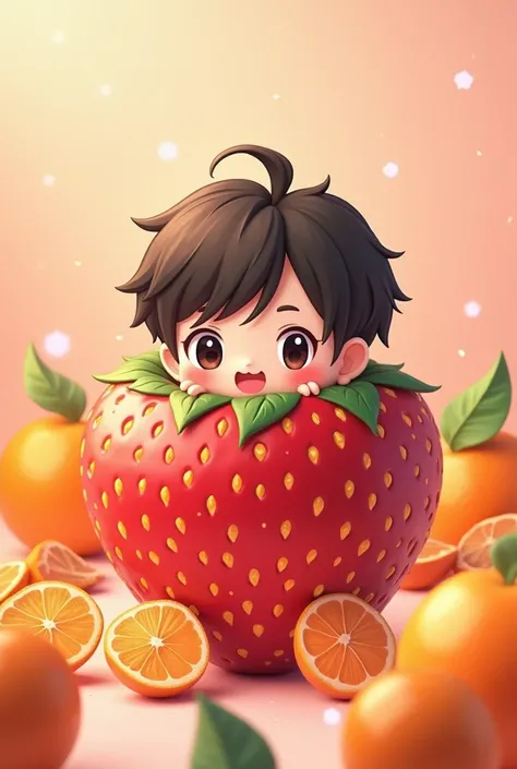 Create an image of Jeon Jungkook coming out of a kawai-style strawberry in the background of peeled chibi kawai-style tangerines