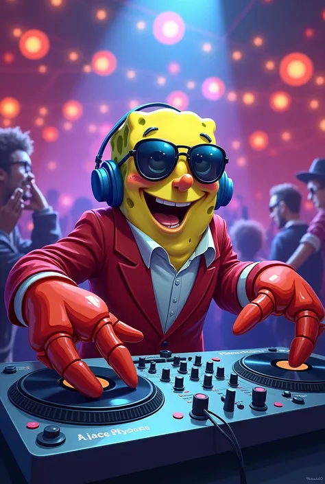 Don Crab from SpongeBob as a DJ playing at a party