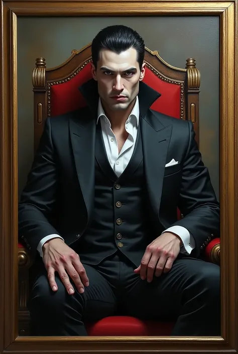 (photorealism:1.2), Attractive Man, grey eyes, medieval black costume ,  large arms and torso , WITH MUSCLES.  pale white skin ,  Well groomed short black hair,  sitting on a throne . hardback . evil look.  Very attractive and marked jaw, very manly gestur...