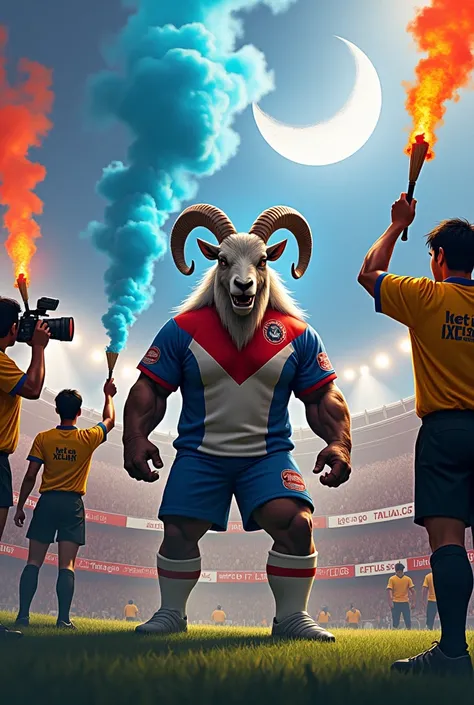  A large stadium where with de Xelajú .
We are going for the seventh moon .
 In the center is a strong and rude Player  ,  strong and rude dressed in blue, white and red and together with him a ball and a fierce and strong goat , two referees dressed in bl...