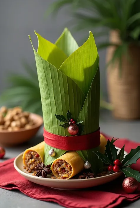 Photo of a Tolimense tamale wrapped in a banana leaf with ribbon on top with Christmas decoration