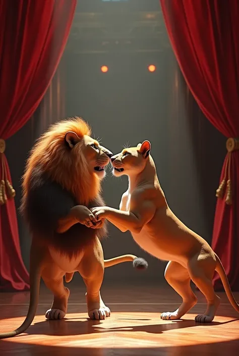 A lion and a lioness performing on stage