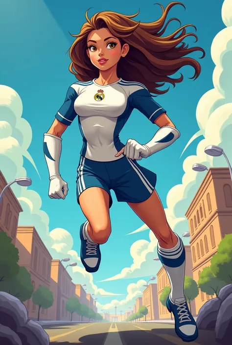 Super hero with brown hair in a suit shaped like a Real Madrid  boy&#39;s kit Cartoon