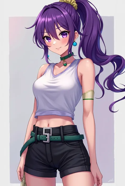 martina,purple eyes, purple hair,  very long hair ,  ponytail , scrunchie de cabelo, green choker, upper seal ring,  t-shirt, sleeveless, waist layer, shorts preto, green belt, boots,fcPortrait  