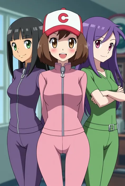 3 personnages féminin dresseur de pokemon de lunivers pokémon faisant partie de la "Team Pocket" en dessin animé.
 une des filles a les cheveux noir, yeux verts et une tenue violette. une des filles a les cheveux brun et les yeux marron clair, tenue rose. ...