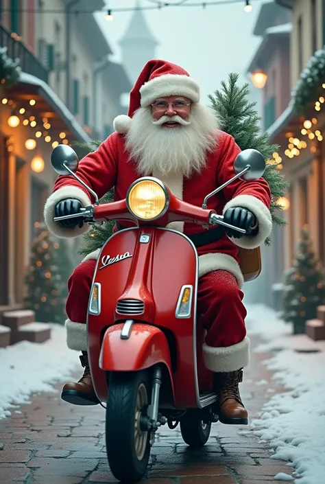 Santa Claus drive a vintage vespa scooter 