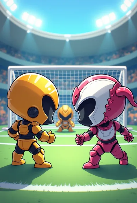  Generate a collectible chibi style illustration with photorealistic image quality penalty shootout in pairs. Eryon ,  with his shiny gold armor and closed helmet ,  is at the penalty spot ,  ready to shoot a precise shot .  In the goal ,  Tenebris ,  with...