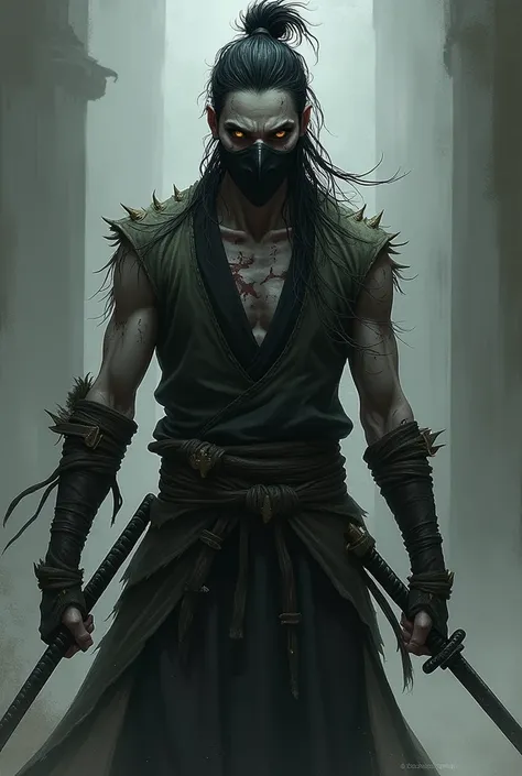  Skinny character full of scars.  face mask .  Hair tied bun . combat clothing. two katanas. Crazy insane . rpg. Fantasy. less realistic. dark background. full body. man.