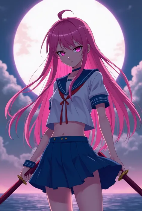 anime girl with long pink hair holding a sword in front of a light moon, with sailor uniform and blue mini skirt, yandere, demon slayer rui fanart, anime style 4 k, badass anime 8 k, clean detailed anime art, anime wallpaper 4 k, anime wallpaper 4k, anime ...