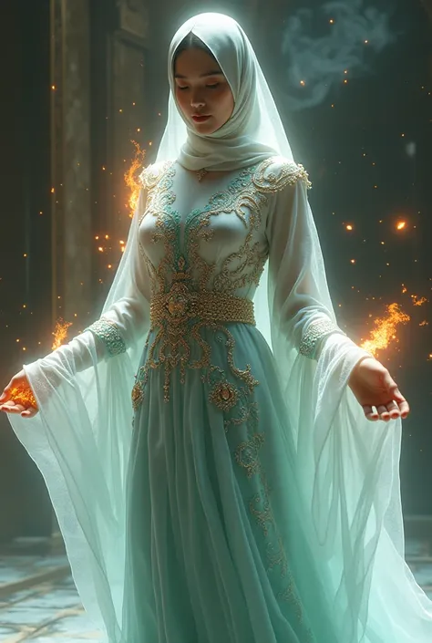 
a Beautiful asian muslimah woman wearing long hijab wearing a dress formed from water, wearing an ornate outfit, ornate dress, intricate dress, elegant water dress, ornate and elegant, long closed dress muslim , ornate attire, intricate outfit, ornate roy...