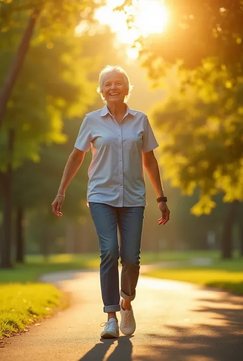 (A highly realistic and uplifting scene of a person who has recovered from a hip or tailbone (coccyx) injury, walking confidently and happily in a serene outdoor setting. The person appears joyful, dressed casually, and walking in a park with greenery and ...