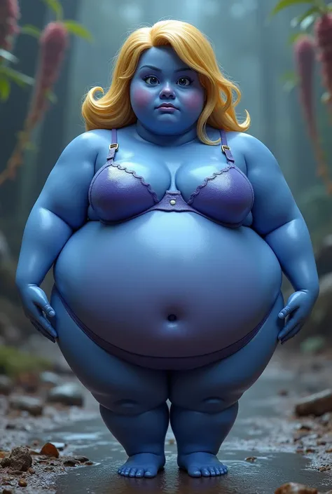 Beautiful chubby female, blue skin, blond hair, 20 year old violet beauregarde from Charlie and the chocolate factory, gigantic blueberry body inflation, spherical body filling with liquid, stretch marks forming on her body, bra barely  able to contain her...