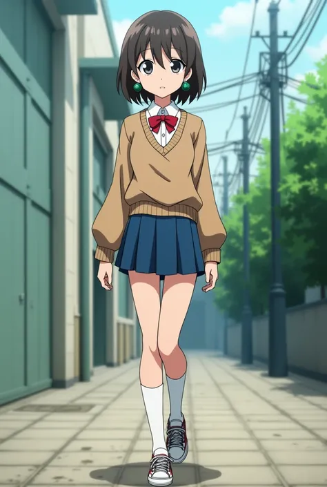 Screenshot from My Hero Academia, A 16-year-old girl with light brown skin, wears green earrings, has a white blouse with a brown sweater with a red bow on the neck, Screenshot from My Hero Academia: Class 1-A Hero Costume. It is a two-piece outfit in . Th...