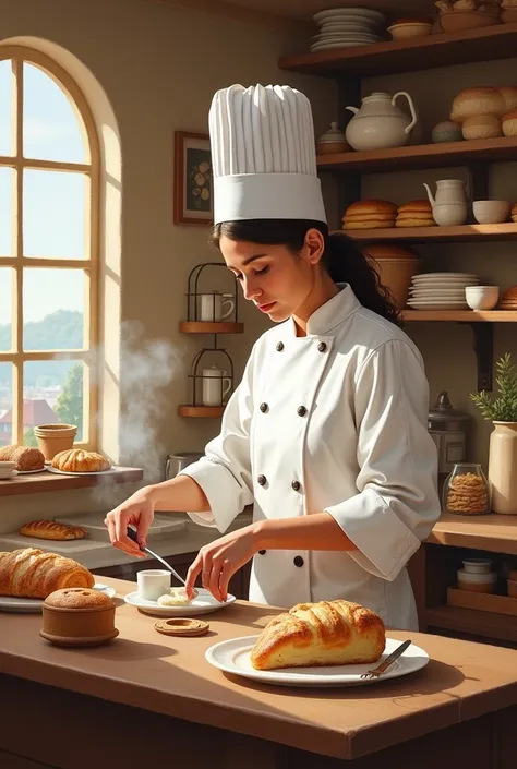 Generate a painting of a bakery chef baking in bakery with cheif cap in landscape diamentions