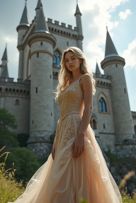  in a dress in front of a castle,  character looking forward, light hair.  realistic photo 