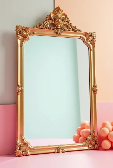 " An a-style mirror with ornate and intricate gold edges,  clean and without any additional characters or elements . The background is lightly colored ,  with soft and vibrant tones that evoke a youthful and inspiring style.  The design is optimized for a ...