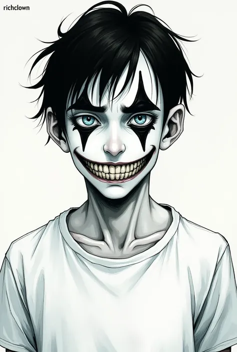 One man. Man has dark hair short but floppy, man has blue eyes, man is wearing white t-shirt, man has white face, man has black triangles on bottoms and tops of his eyes, man is smiling with teeth. Junji Ito art style. Says “RichClown” in the top left corn...