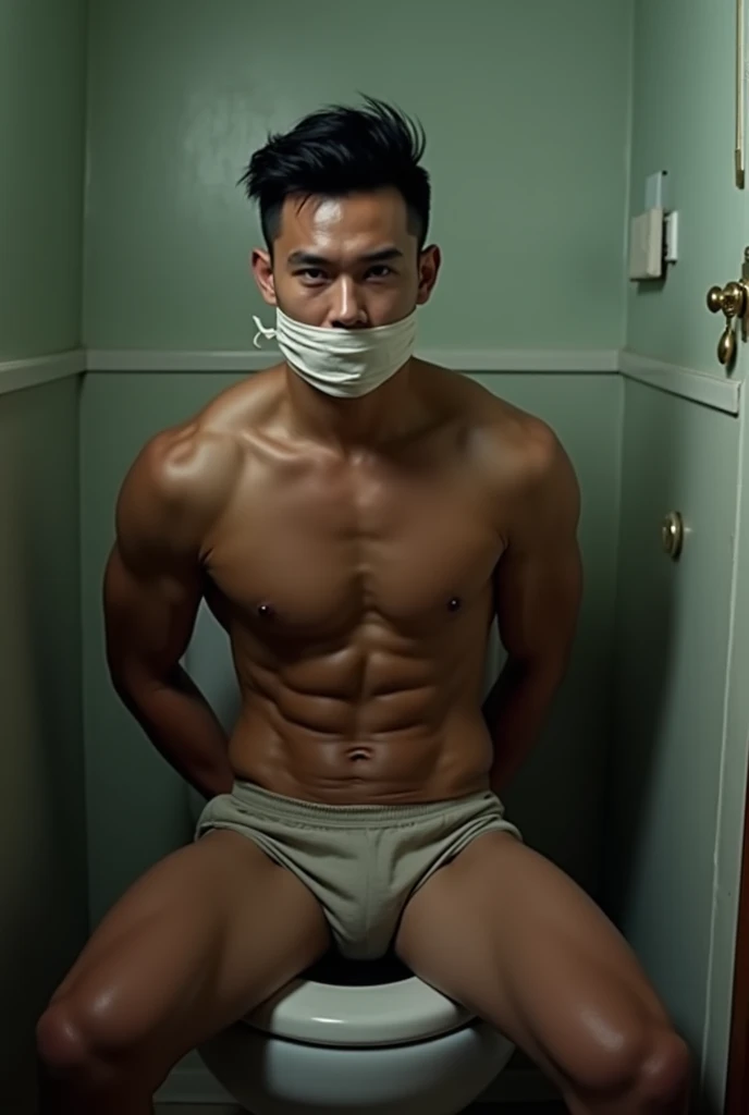 Handsome Thai  men, Torture,hand tied, mouth gagged, 4k, high resolution, best quality, masterpiece, perfect color, perfect shadow, perfect lighting, Posted by e621, ((portrait)), ((handsome man)), handsome, Wearing underwear, Detailed short hair, chest mu...