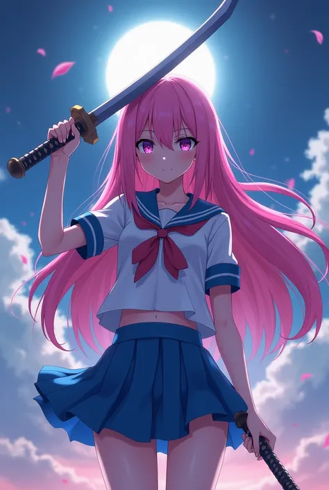 anime girl with long pink hair holding a sword in front of a light moon, with sailor uniform and blue mini skirt, yandere, anime style 4 k, badass anime 8 k, clean detailed anime art, anime wallpaper 4 k, anime wallpaper 4k, anime art wallpaper 4 k, anime ...