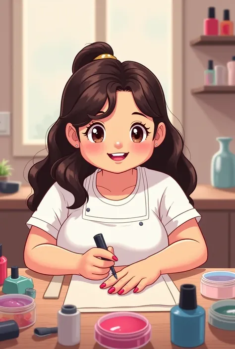 Manicurist of 77 kg white dark brown hair hollows on the cheeks cartoon style with nail polish on her hands chubby girl sitting at work table doing nails long hair