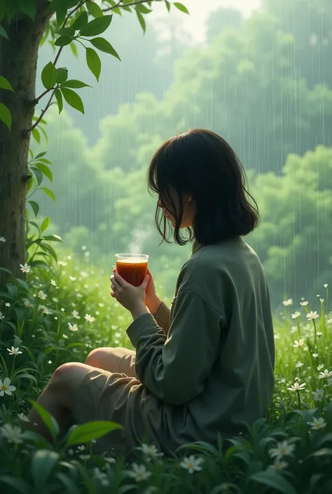 “Amidst the green beauty of nature all around, holding a cup of milk tea, light rain is falling.”