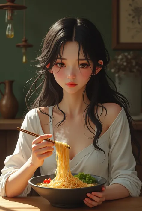 woman with loose hair Without bangs eat noodles