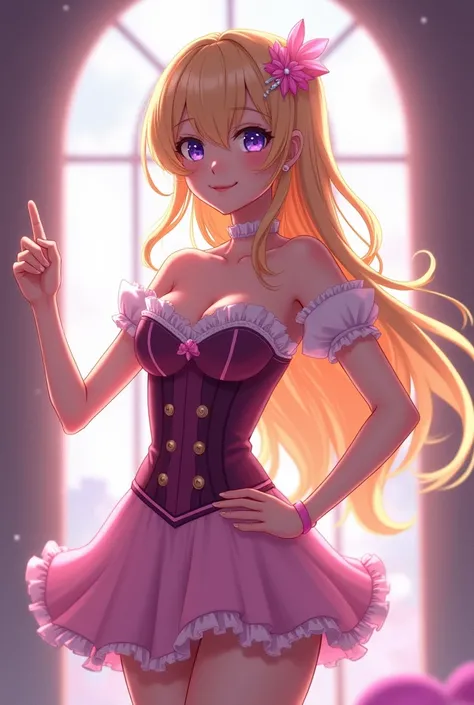 Light pink cancan miniskirt dark pink corset short sleeve blonde long hair amethyst colored eyes hairpin high heels shoes babe anime