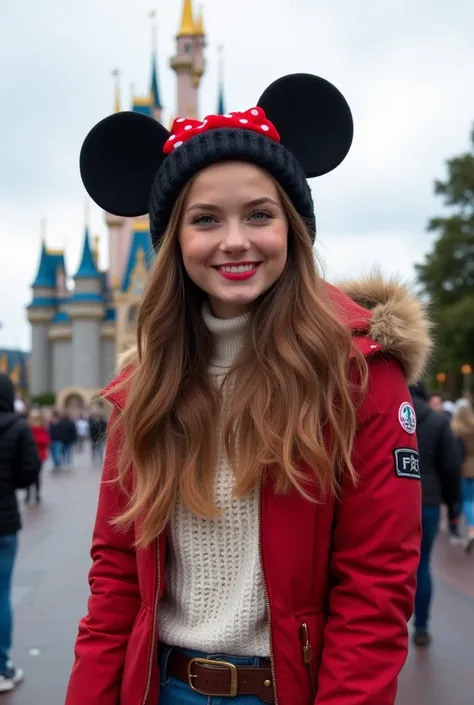 23 ans, belle, sexy, femme, lèvres pulpeuses, jolie sourire avec fossettes, cheveux marrons bouclés, yeux Hazel, nez fin, robe hivernal et serre tête mickey mouse, souriante, devant le château de Disneyland Paris