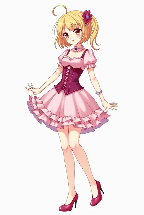 Light pink cancan 3 tier miniskirt dark pink corset short sleeve blonde long hair amethyst colored eyes hairpin high heels shoes beautiful girl anime