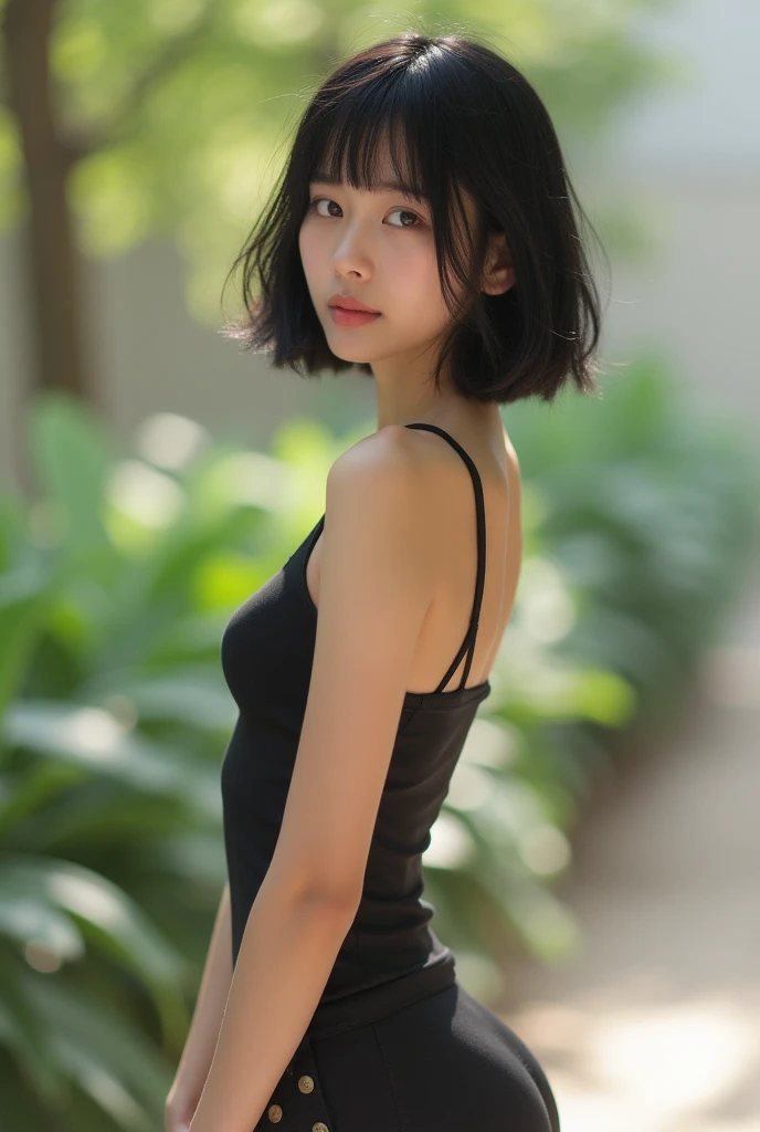 Taken by pentax 645d fullbody portrait 
A cute tomboyish Asian girl with short black hair, a high forehead, almond-shaped black eyes, a small upturned nose, thin lips, a petite athletic build, and cup A breasts. Randomize outfits, poses, and backgrounds, b...