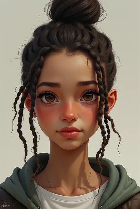 An avatar of a light brown teenager, Of dread hair braided with a bun,  thin nose with Muslim features 
