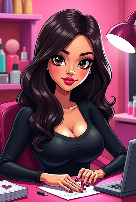 Manicurist of 77 kg white dark brown hair hollows on the cheeks cartoon style with nail polish on her hands chubby girl sitting at work table doing nails long hair pink background bratz style with long sleeve black shirt