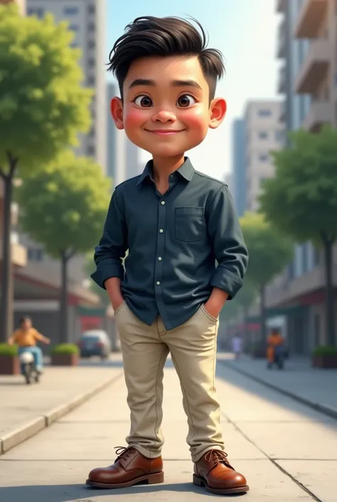 Caricature 4D.  indonesian man 30 years old . short hair standing .round face.  wears long sleeve shirt dark blue color cream color jeans. leather shoes .  standing on sidewalk facing camera . realistic focus .