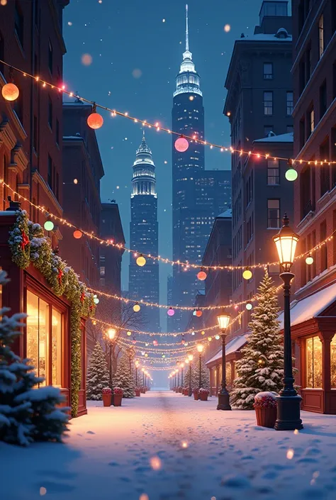 Create an image of a background: a city with Christmas decorations and snow at night
