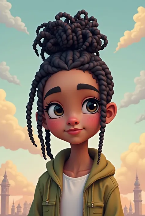 An avatar of a thin-nosed teenager , Of dread hair braided with a bun,  with Muslim pixel features